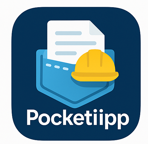 logo for pocketiipp software, blue pocket with a yellow hardhat, white piece of paper against a dark blue background with the word PocketIIPP at the bottom